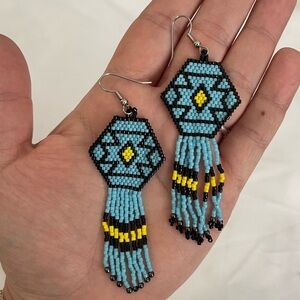 Hand Beaded Turquoise and Yellow Dangle Earrings
